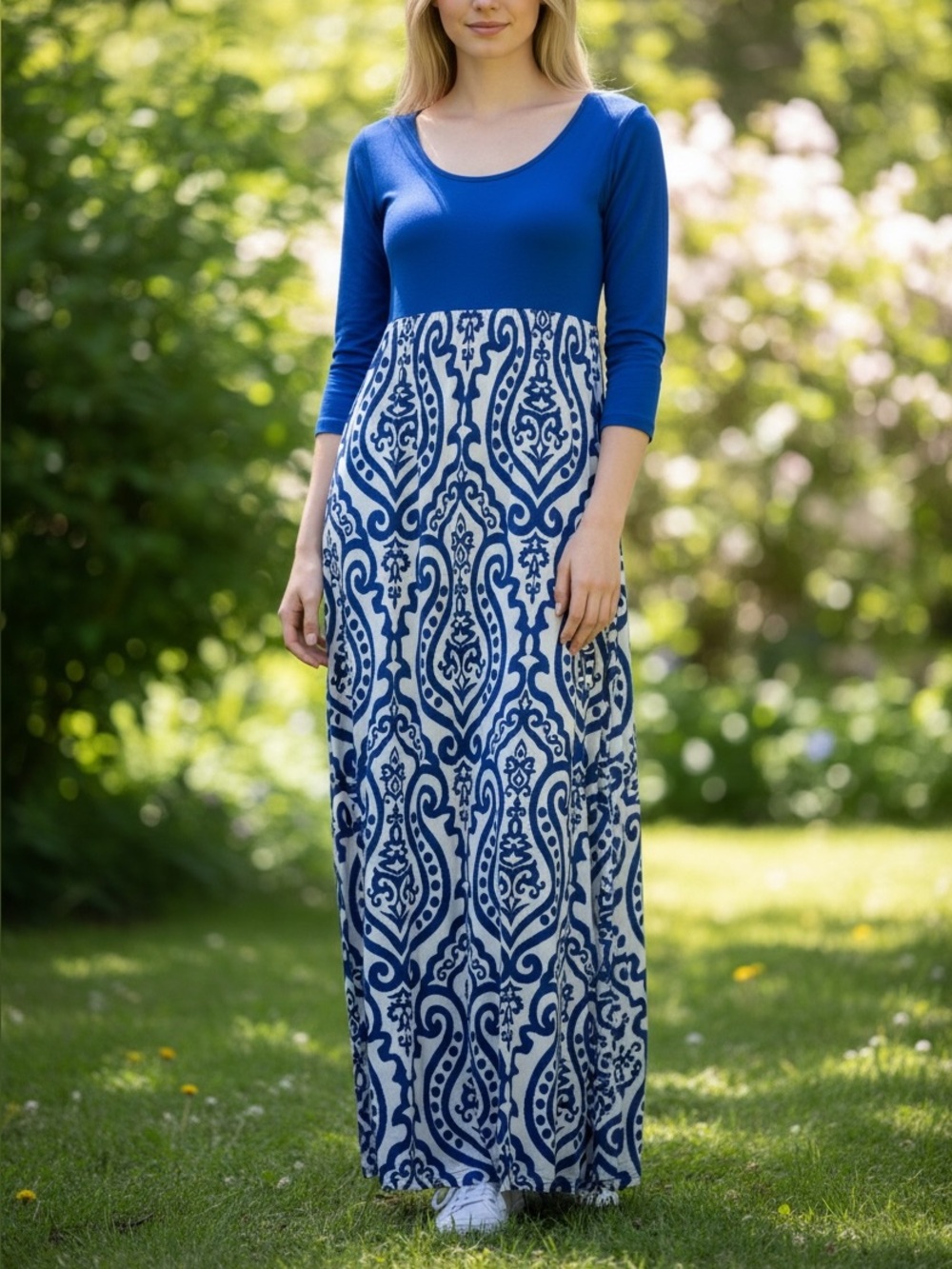 Blue Scoop Neck Long Sleeve Maxi Dress with Patterned Skirt